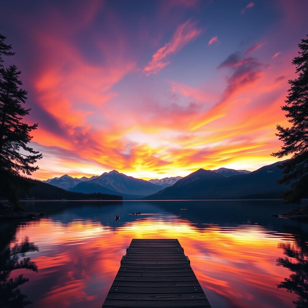 A stunning sunset over a serene lake surrounded by majestic mountains