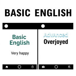 A professional Instagram-style graphic comparing 'Basic English' and 'Advanced English' phrases