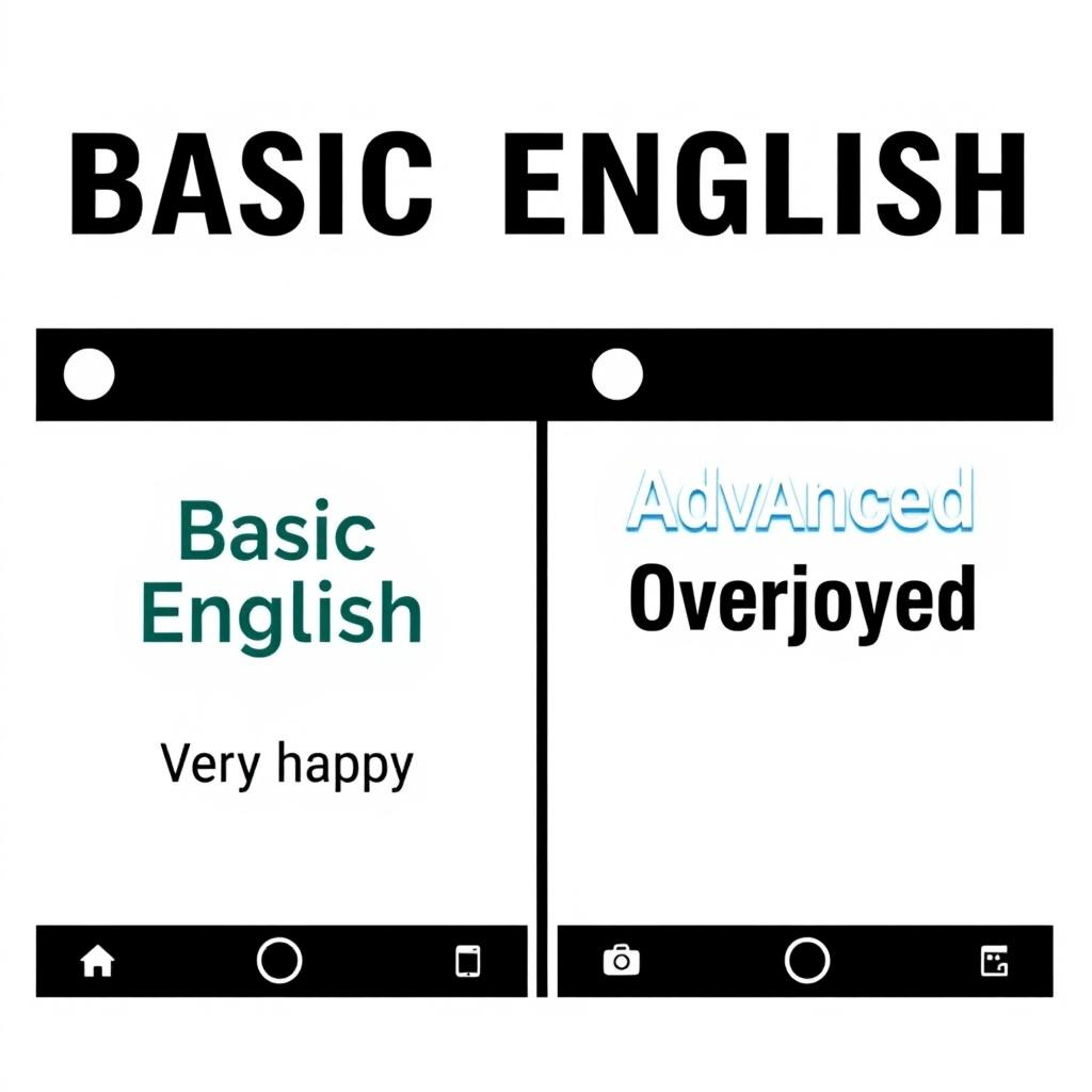 A professional Instagram-style graphic comparing 'Basic English' and 'Advanced English' phrases