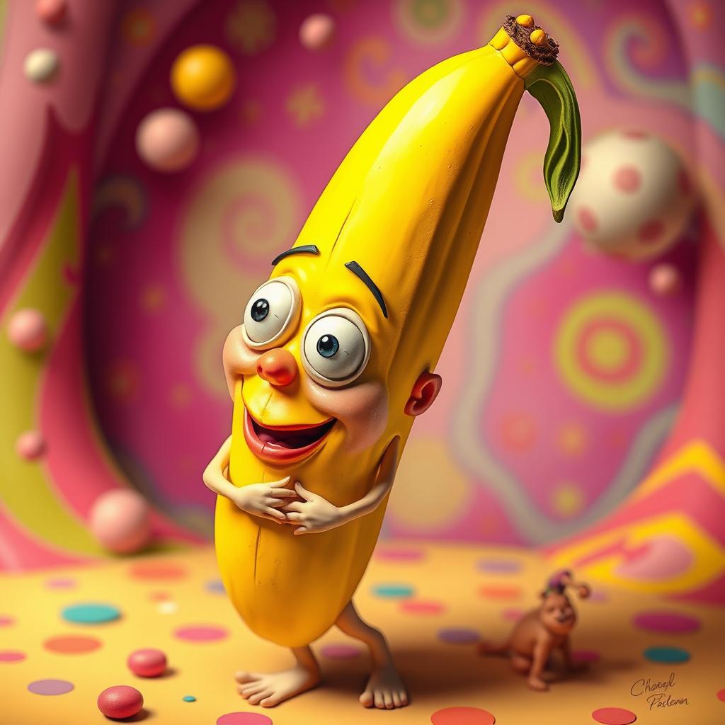 A vibrant, surreal artwork featuring a whimsical banana character with a playful personality, integrating elements of humor and absurdity