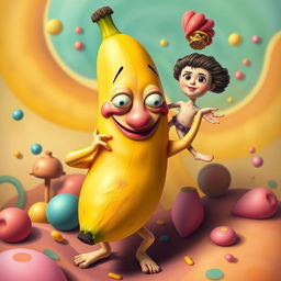 A vibrant, surreal artwork featuring a whimsical banana character with a playful personality, integrating elements of humor and absurdity