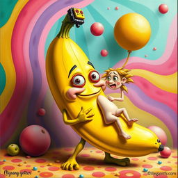 A vibrant, surreal artwork featuring a whimsical banana character with a playful personality, integrating elements of humor and absurdity