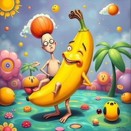 A vibrant, surreal artwork featuring a whimsical banana character with a playful personality, integrating elements of humor and absurdity