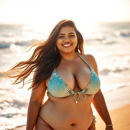 A curvy Indian woman in a stylish bikini, showcasing her beautiful whiteash complexion