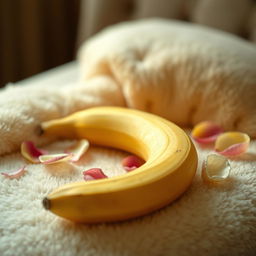 A banana placed elegantly on a soft, plush surface, surrounded by delicate flower petals
