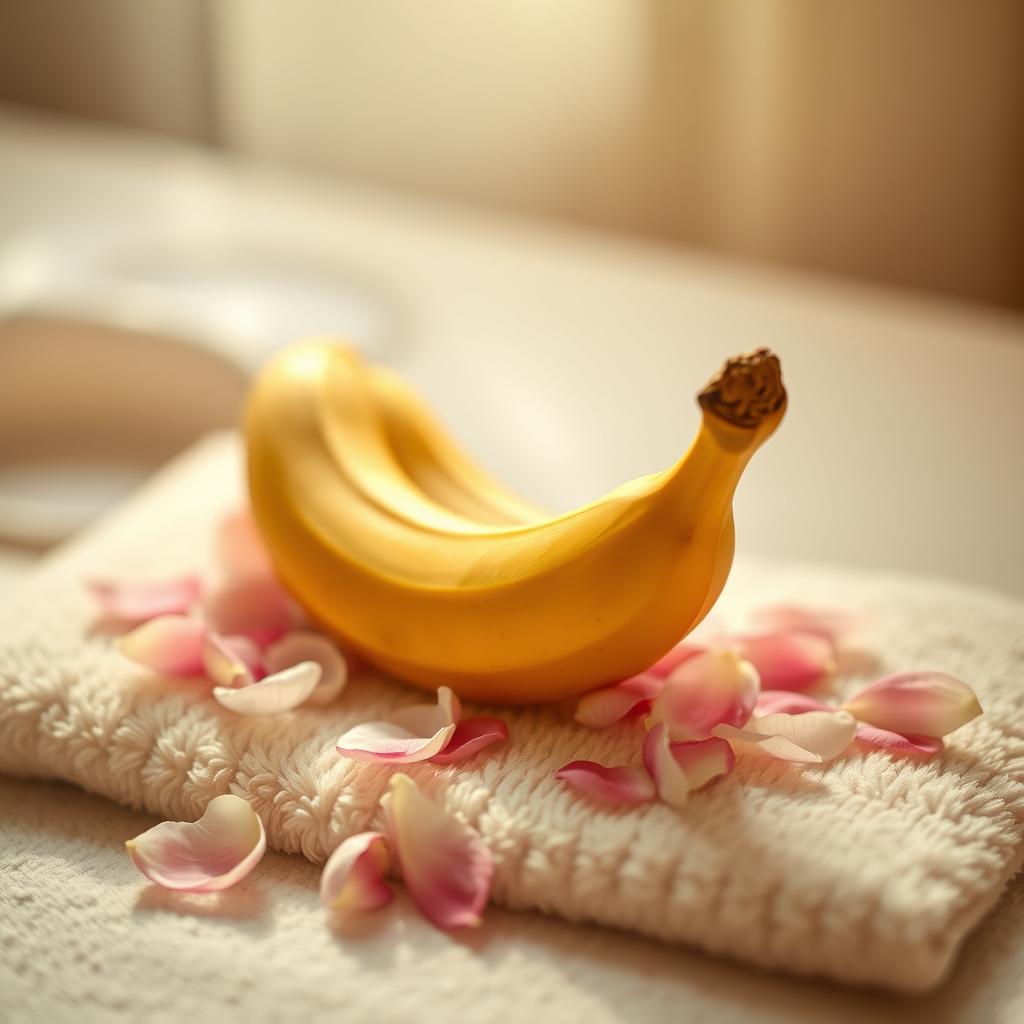 A banana placed elegantly on a soft, plush surface, surrounded by delicate flower petals