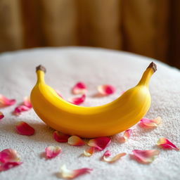 A banana placed elegantly on a soft, plush surface, surrounded by delicate flower petals