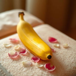 A banana placed elegantly on a soft, plush surface, surrounded by delicate flower petals