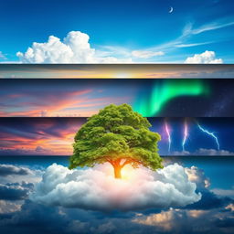 Seven beautifully arranged layers of sky, with one unique cloud layer prominently featuring a large, leafy tree