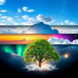 Seven beautifully arranged layers of sky, with one unique cloud layer prominently featuring a large, leafy tree