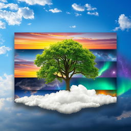 Seven beautifully arranged layers of sky, with one unique cloud layer prominently featuring a large, leafy tree