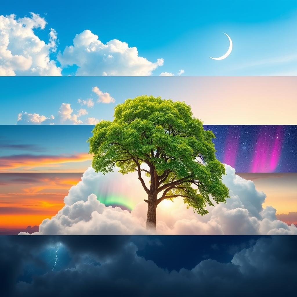 Seven beautifully arranged layers of sky, with one unique cloud layer prominently featuring a large, leafy tree
