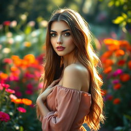 A stunning portrait of a beautiful young woman confidently posing, her long hair cascading down her shoulders, and her striking features illuminated by soft, warm lighting