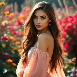 A stunning portrait of a beautiful young woman confidently posing, her long hair cascading down her shoulders, and her striking features illuminated by soft, warm lighting