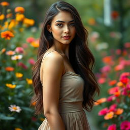 A stunning portrait of a beautiful young woman confidently posing, her long hair cascading down her shoulders, and her striking features illuminated by soft, warm lighting