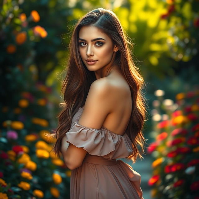 A stunning portrait of a beautiful young woman confidently posing, her long hair cascading down her shoulders, and her striking features illuminated by soft, warm lighting