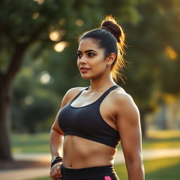 An athletic built Indian woman in her late 30s, showcasing a confident and empowered demeanor