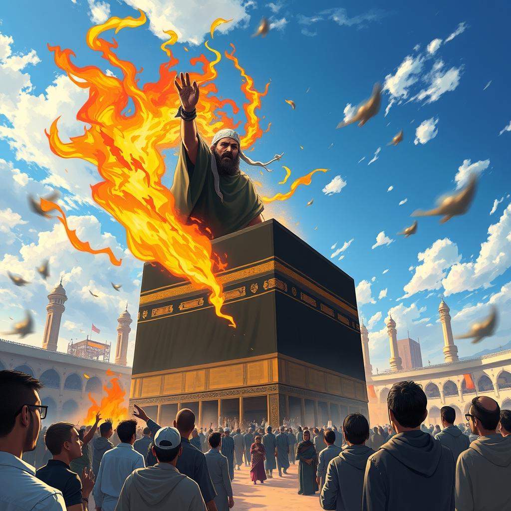 A vibrant and dynamic illustration of a dramatic scene where a figure representing Dajjal is depicted dramatically against the backdrop of the Kaaba in Mecca