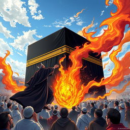 A vibrant and dynamic illustration of a dramatic scene where a figure representing Dajjal is depicted dramatically against the backdrop of the Kaaba in Mecca