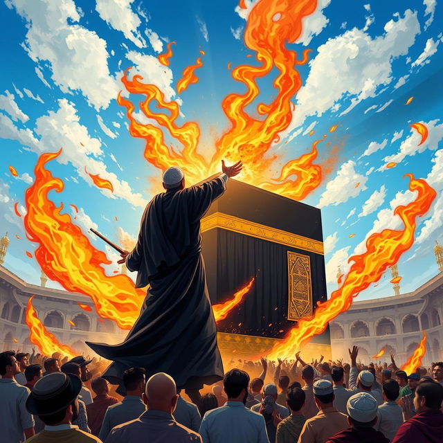 A vibrant and dynamic illustration of a dramatic scene where a figure representing Dajjal is depicted dramatically against the backdrop of the Kaaba in Mecca