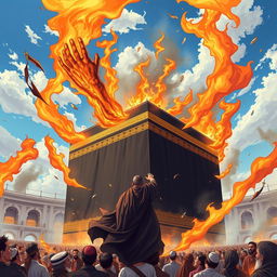 A vibrant and dynamic illustration of a dramatic scene where a figure representing Dajjal is depicted dramatically against the backdrop of the Kaaba in Mecca