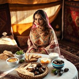 A serene scene depicting a Bedouin bride enjoying a traditional breakfast in a sunlit tent