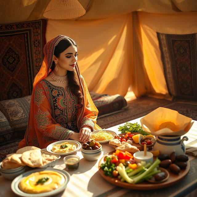 A serene scene depicting a Bedouin bride enjoying a traditional breakfast in a sunlit tent