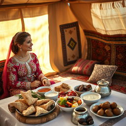 A serene scene depicting a Bedouin bride enjoying a traditional breakfast in a sunlit tent