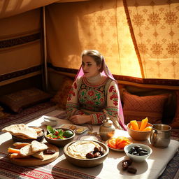 A serene scene depicting a Bedouin bride enjoying a traditional breakfast in a sunlit tent
