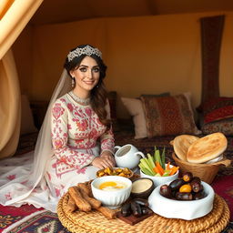 A tranquil scene featuring a Bedouin bride enjoying a traditional breakfast inside a beautifully decorated tent