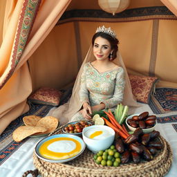 A tranquil scene featuring a Bedouin bride enjoying a traditional breakfast inside a beautifully decorated tent