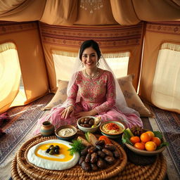 A tranquil scene featuring a Bedouin bride enjoying a traditional breakfast inside a beautifully decorated tent