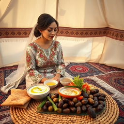 A tranquil scene featuring a Bedouin bride enjoying a traditional breakfast inside a beautifully decorated tent