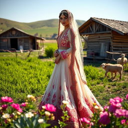 A picturesque scene of a Bedouin bride standing gracefully on a farm, dressed in a stunning traditional bridal gown adorned with intricate embroidery and vibrant colors