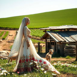 A picturesque scene of a Bedouin bride standing gracefully on a farm, dressed in a stunning traditional bridal gown adorned with intricate embroidery and vibrant colors