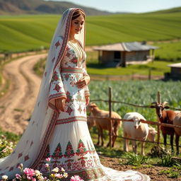 A picturesque scene of a Bedouin bride standing gracefully on a farm, dressed in a stunning traditional bridal gown adorned with intricate embroidery and vibrant colors