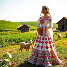 A picturesque scene of a Bedouin bride standing gracefully on a farm, dressed in a stunning traditional bridal gown adorned with intricate embroidery and vibrant colors