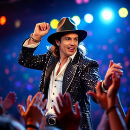 A captivating portrait of a male singer with iconic style, featuring a unique fedora hat and a classic sequined jacket, performing on stage
