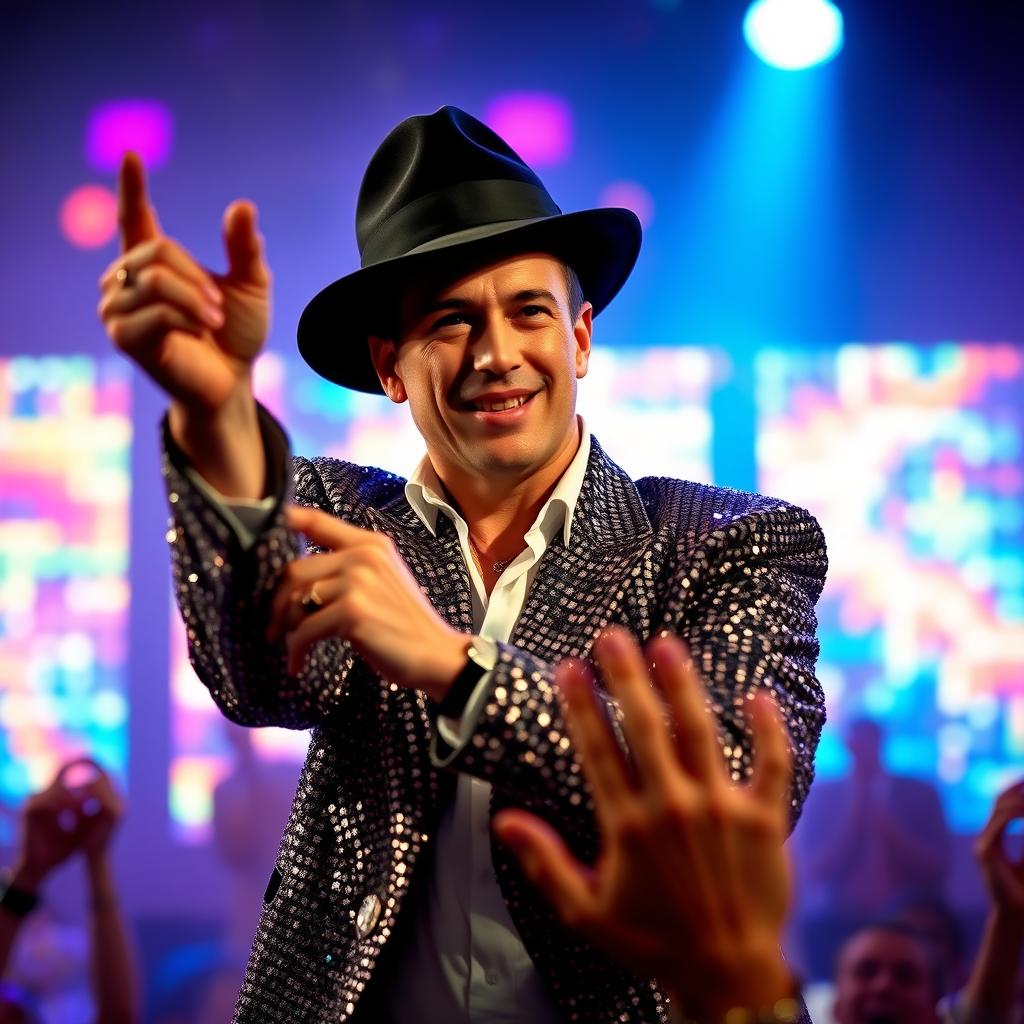A captivating portrait of a male singer with iconic style, featuring a unique fedora hat and a classic sequined jacket, performing on stage