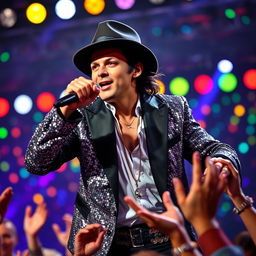 A captivating portrait of a male singer with iconic style, featuring a unique fedora hat and a classic sequined jacket, performing on stage