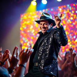 A captivating portrait of a male singer with iconic style, featuring a unique fedora hat and a classic sequined jacket, performing on stage