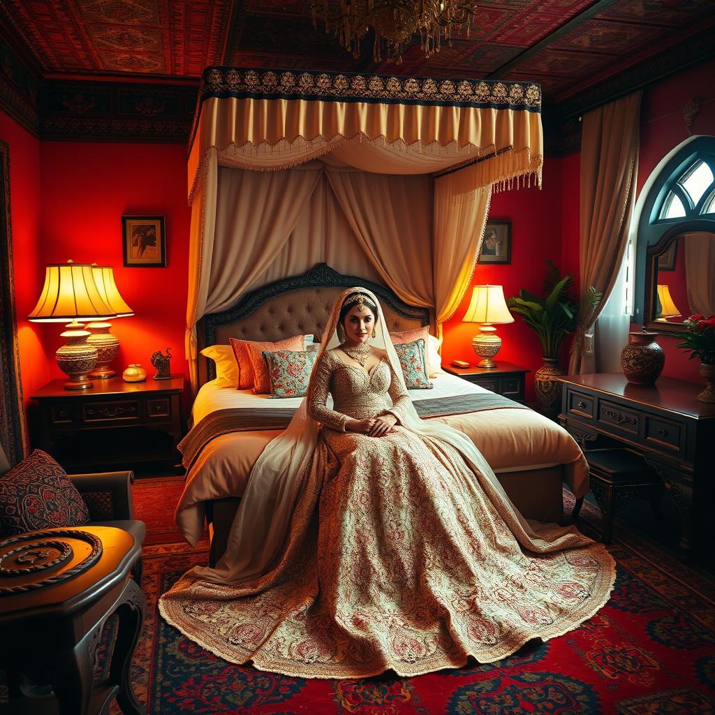 A beautifully decorated master bedroom showcasing a Bedouin bride's elegant retreat