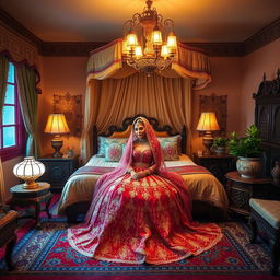 A beautifully decorated master bedroom showcasing a Bedouin bride's elegant retreat