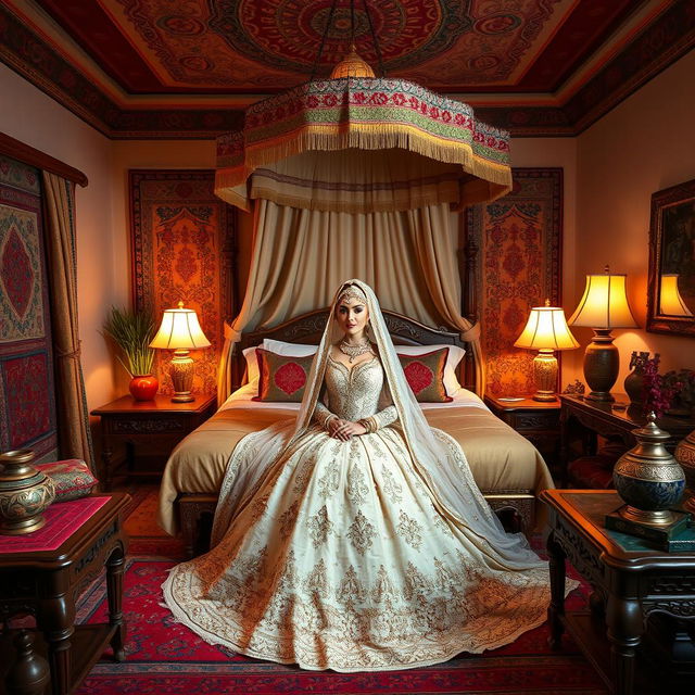 A beautifully decorated master bedroom showcasing a Bedouin bride's elegant retreat