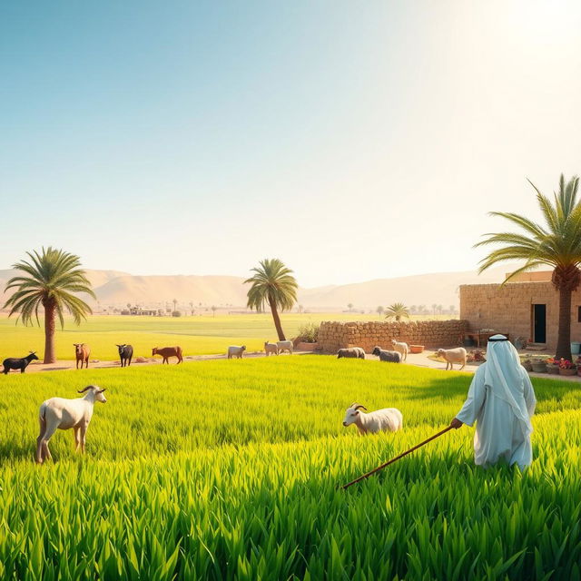 A vibrant scene depicting a Bedouin Arab farm, showcasing traditional farming practices and cultural elements