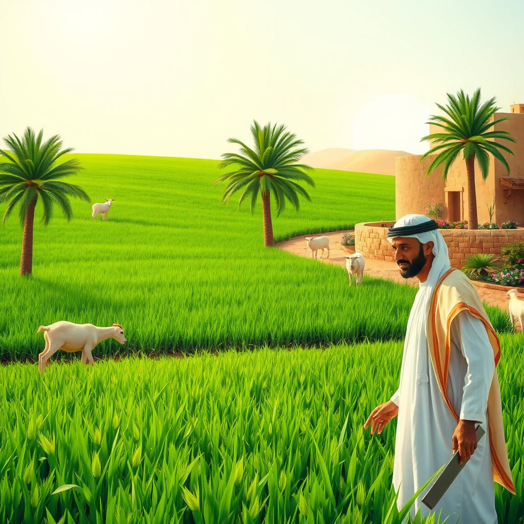 A vibrant scene depicting a Bedouin Arab farm, showcasing traditional farming practices and cultural elements