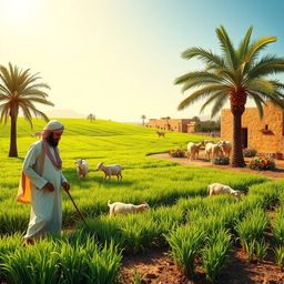 A vibrant scene depicting a Bedouin Arab farm, showcasing traditional farming practices and cultural elements