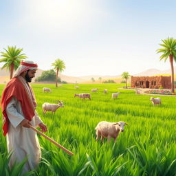 A vibrant scene depicting a Bedouin Arab farm, showcasing traditional farming practices and cultural elements