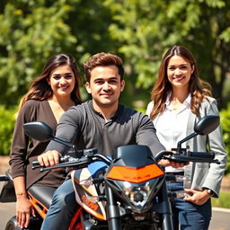 A handsome 26-year-old man, relaxed in front of his KTM Duke motorcycle, exuding confidence