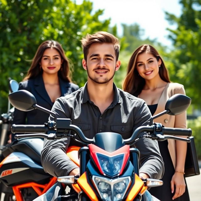 A handsome 26-year-old man, relaxed in front of his KTM Duke motorcycle, exuding confidence